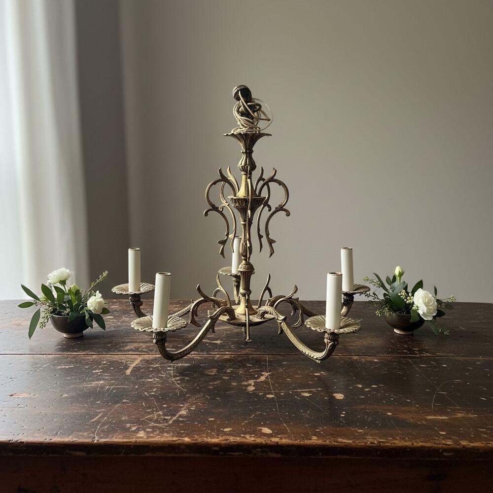 Vintage Hollywood Regency Brass Chandelier 5 Light-Gothic Spanish Revival-As Is